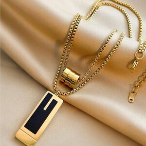 Gold Plated Stainless Steel Bar Layered Ring Pendant Necklace